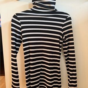 Women’s Black & White Striped Turtleneck Long Sleeve Tee